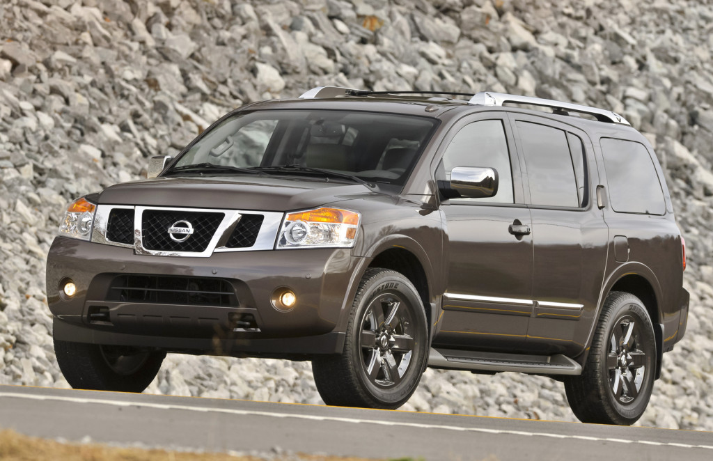 The 2014 Nissan Armada is available in three well-equipped models: Armada SV, Armada SL and Armada Platinum, each offered in a choice of 2-wheel or 4-wheel drive and equipped with a standard 317-horsepower 5.6-liter Endurance V8 engine and 5-speed automatic transmission. Armada's family adventure-ready features include comfortable seating for eight passengers, 97 cubic feet of cargo space and a maximum towing capacity of 9,000 pounds (when properly equipped).